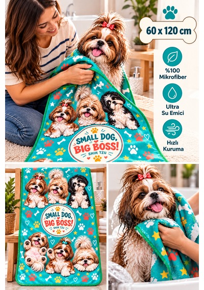 Kedi & Köpek Kurulama Havluları Shih Tzu - Köpek Desenli Büyük Boy Hızlı Kuruyan 60x120cm