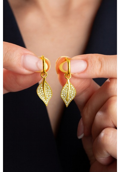 Çekirdekjewelry Işıklı Hediye Kutulu 925 Gümüş Gümüş Yaprak Tasarım Küpe Sarı