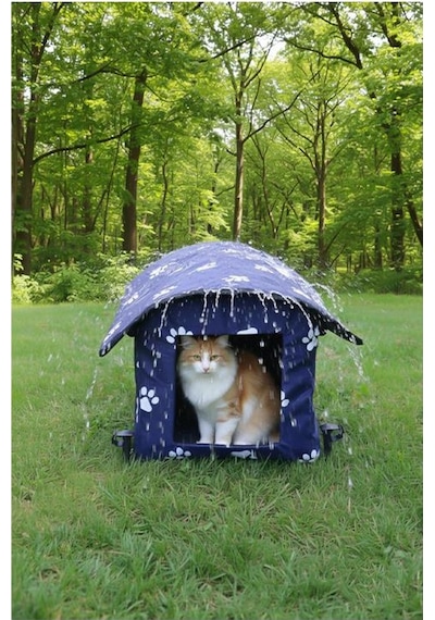 Yuga Pati Desenli Lacivert Kedi Evi Isı Ve Yağmur Korumalı