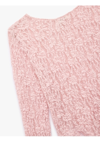 Koton Koton X Sibil Çetinkaya - Kayık Yuvarlak Yaka Uzun Kollu Asimetrik Transparan Dantelli Bluz Pembe 6wak80107pk Gül