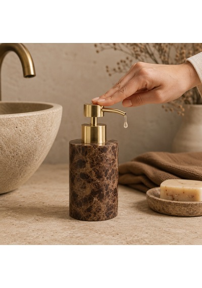 The Voguemaxima Mermer Görünümlü Sıvı Sabunluk Kahverengi Gold Pompalı 7x19 Cm