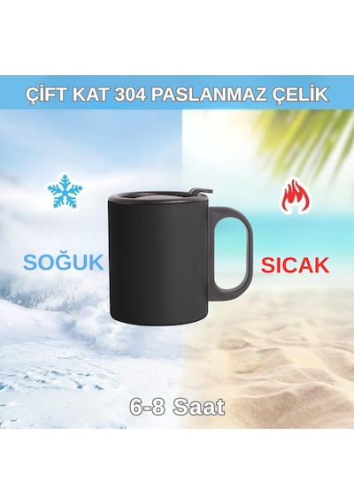 Paslanmaz Çelik Mug, Paslanmaz Çelik Termos Bardak-300 Ml Siyah