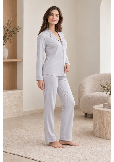 Loule Kadın Gri Penye Pijama Takımı Düğmeli Gömlek Yaka 2 Parça