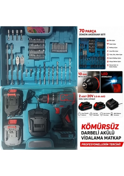 Catpower 1050 Kömürsüz Darbeli Şarjlı Matkap Vidalama 20v 2.0ah 55 Nm Brushless Çift Akülü 70 Parça Set