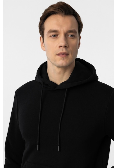 Süvari Siyah Regular Düz Kapüşonlu Yaka Sweatshirt