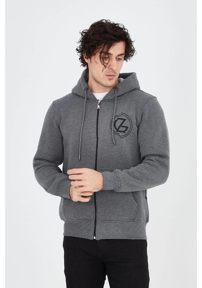 Erkek 3 İplik Pamuklu Fermuarlı Kapüşonlu Kanguru Cepli Baskılı Hoodie Hırka Sweatshirt - Füme