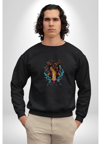 At Kafası Renkli Unisex Siyah Baskılı Sweatshirt Siyah
