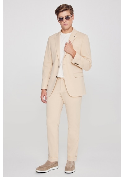 Erkek Bej Slim Fit Dar Kesim Mono Yaka Beli Bağlamalı Kapak Cepli Esnek Takım Elbise Bej