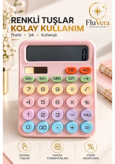 Pastel Pembe Renkli Hesap Makinesi Güneş Enerjili Ve Pilli Büyük Ekranlı Masaüstü Hesap Makinesi Ofis Okul Ev Kullanım Diğer