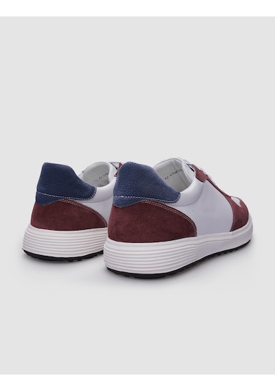 %100 Hakiki Deri Beyaz - Bordo Bağcıklı Erkek Sneaker-beyaz Beyaz