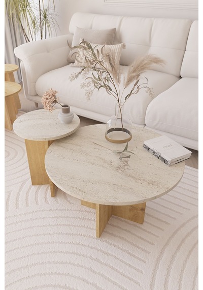 2 Li Orta Sehpa Seti, İskandinav Stil, Bohem, 72 Cm, 40 Cm - Traverten & Safir Meşe