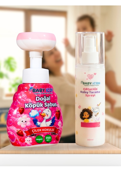 Baby Icon Doğal Çocuk Köpük El Sabunu Çilek Kokulu Vegan Parabensiz + %100 Organik Vegan Kolay Saç Tarama Spreyi