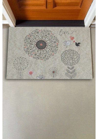 Valerine Life Dilek Otlu Papatya Ve Kuşlar Krem Rengi Welcome Hoş Geldiniz Kapı Önü Paspası 45x70cm Kahverengi