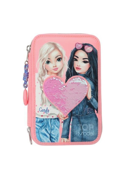 Topmodel Triple Pencil Case With Reversible Sequins Pembe