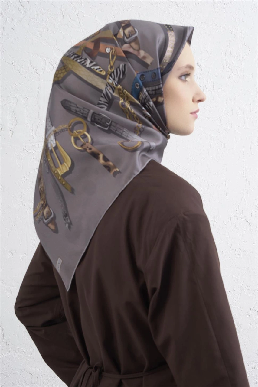Armine Obje Desenli Saf İpek Twill Eşarp 9422d 07 Vizon
