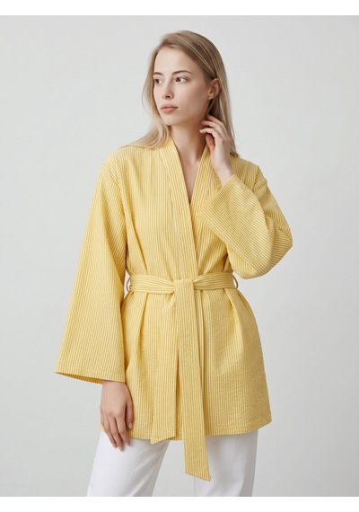 Saade Sââde Kadın Dikey Çizgili Geniş Kollu Şık Yazlık Relaxed Kimono Sarı