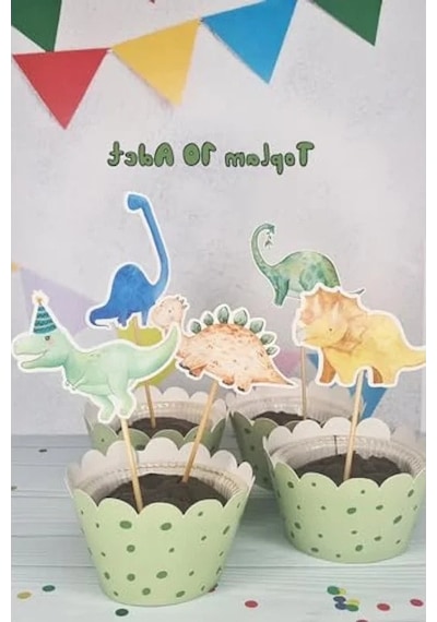 Lüks Büyük Boy Dinozor Konsept Kürdan Süsleri, 10'lu Paket, Cupcake Süsleme Açık Kahverengi