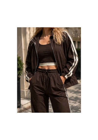 Kadın Koyu Kahverengi Spor Takım Şerit Detaylı Crop, Oversize Ceket Ve Lastikli Bağcıklı Pantolon - 2322 S