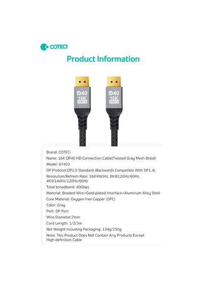 İki Ucu Erkek Dp 2.0 Displayport Kablosu 3 Metre 16k 60hz 8k 120hz 4k 144hz - 40gbps Örgülü Altın Uçlu Oyuncu Monitör Görüntü Kablosu