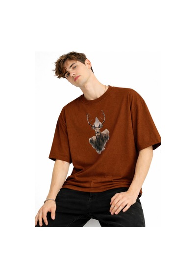 Misa Tahtakale Deer - Oversize Erkek Tişört Kahve Çok Renkli
