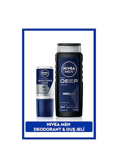 Men Erkek Banyo Ve Duş Jeli Deep Dimension 500ml Ve Roll-on Deodorant Derma Control Clinical 50ml