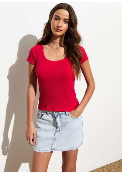 Rooted Kadın Kare Yaka T-shirt & Bluz , Likralı Fitilli Kaşkorse Kumaş Kırmızı