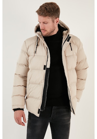 Buratti Fermuarlı Cepli Slim Fit Kapüşonlu Şişme Erkek Mont 5711050 Taş