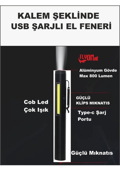 Kalem Şeklinde Şarj Edilebilir El Feneri Güçlü Mıknatıslı Hem Ortam Aydınlatma Hem Fener Kamp Lamba Siyah