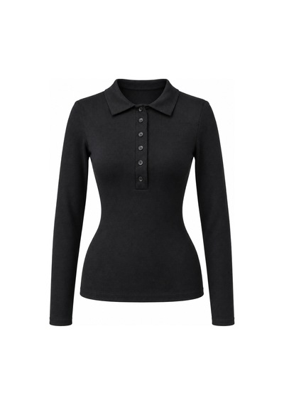 Mixray 2246 Kadın Polo Yaka Düğmeli Uzun Kollu Slim Fit Bluz Siyah