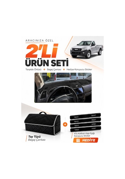 E-biz Isuzu D-max 2012-2019 Uyumlu Torpido Örtüsü + Tay Tüyü Bagaj Çantası - Siyah-gri - Is002