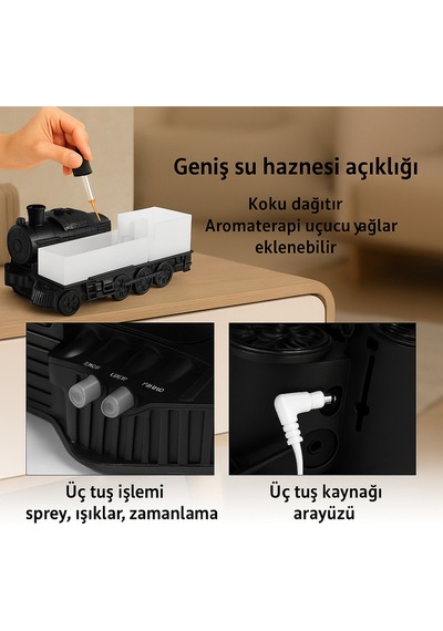 Dekoratif Tren Tasarımlı Buhar Makinesi Led Işıklı Sessiz Nemlendirici & Difüzör Siyah - 784005232