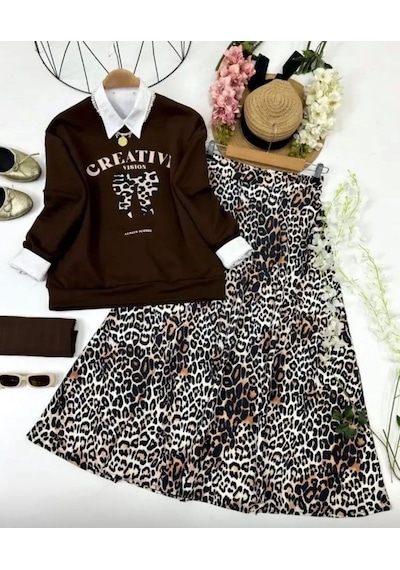 Lovie Moda Kadın Leopar Desenli Etekli Takım Kahverengi