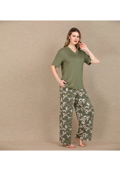 Modenya Herşeytrend Şık Tasarım Çiçek Desenli Yeşil Kısa Kol Viskon Pijama Takımı Yeşil
