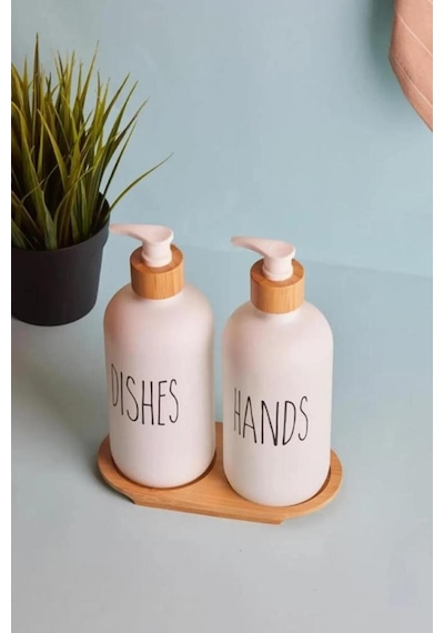 2 Li Beyaz Mutfak Sıvı Sabunluk Seti 500ml+500ml Bambu Standlı