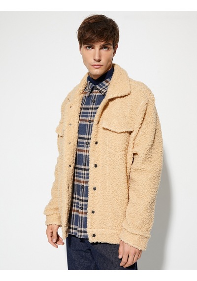Koton Oversize Peluş Ceket Çift Cepli Polo Yaka Çıtçıt Düğmeli Bej 4wam50029mk 4WAM50029MK057 Ekru