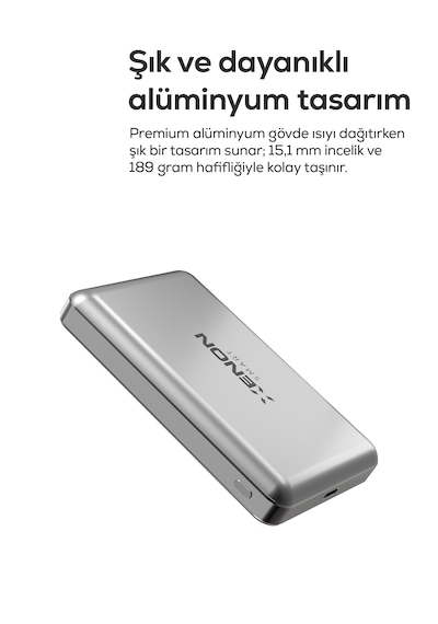 Xenon Smart MagSafe Powerbank 10.000 mAh, 15W Kablosuz, 22.5W Kablolu Hızlı Şarj, Alüminyum Kasa (X6441)