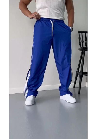 Unisex Boru Paça Yandan Fermuarlı Paraşüt Pantolon - Mavi 001