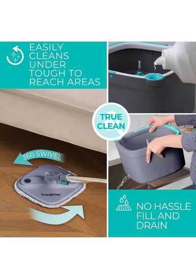 True Clean Paspas Ve Kova Sistemi, Kare Döndürmeli Paspas, Çift Bölmeli Paspas Kovası Ve 2 Kalın Makinede Yıkanabilir Paspas Pedleri Spin Mop İçerir