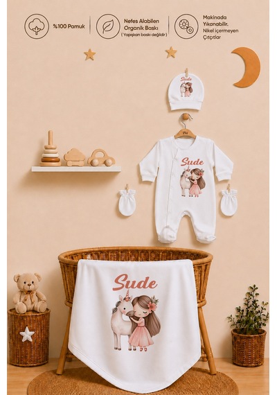 Pia Baby Kız Bebek İsimli Hastane Çıkışı 6 Parça Tulum Şapka Eldiven %100 Pamuk Hediye Seti 1105tybk0x Krem