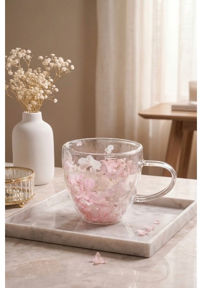 Makri Home Pembe Beyaz Çiçekli Çift Cidarlı Cam Kupa, 350 Ml, 11 Cm X 8 Cm Çok Renkli