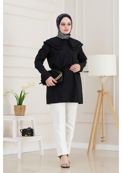 Sevitli Çift Yaka Dantelli Tunik-siyah-4981 Siyah