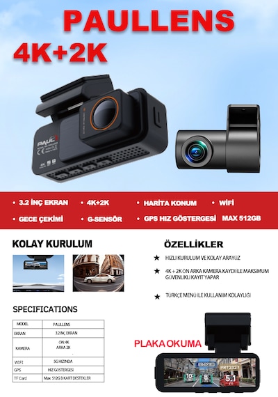 4k Yapay Zekalı Araç Kamerası Ön Arka Plaka Okuma, Hız Göstergesi, Gps Harita, Adas, 5g Wi-fi