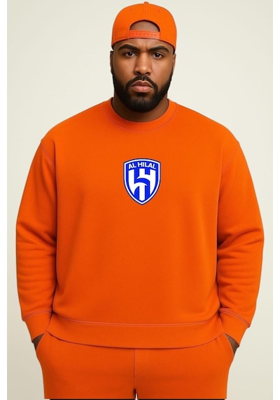 Benroma 3 İplik Penye Al Hılal Baskılı Büyük Beden Unisex Sweatshırt Turuncu
