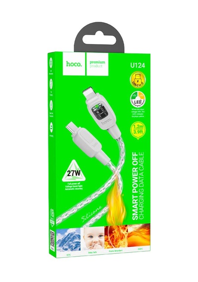 Hoco. U124 Stone 1.2m 27w Type-c To Lightning Otomatik Şarj Kesme Özellikli Pd Hızlı Şarj Kablosu - Gri