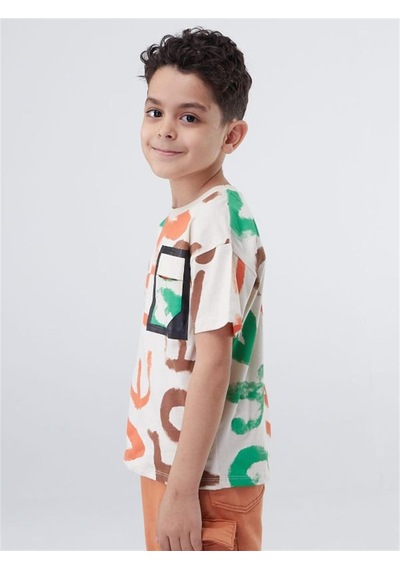 Escabel Erkek Çocuk Pamuklu Batik Desenli Yarım Kol Tshirt-12831-bej Bej