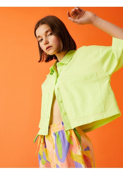Koton Oversize Crop Kısa Kollu Gömlek Keten Karışımlı Yeşil 2sal60007ıw