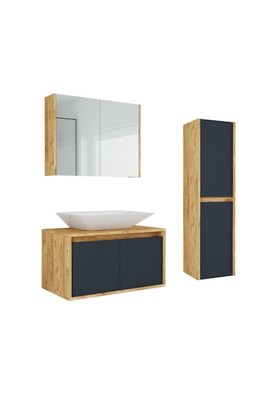 Banos Roomart Lavabolu Ahşap-Antrasit 85Cm Banyo Dolabı+Aynalı+Bo Antrasit