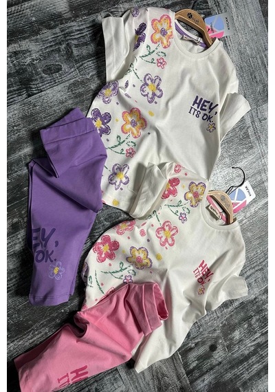 Koçak Kids Yeni Sezon Çiçek Desenli Lila Renk Kapri Taytlı Kız Çocuk Takım Lila