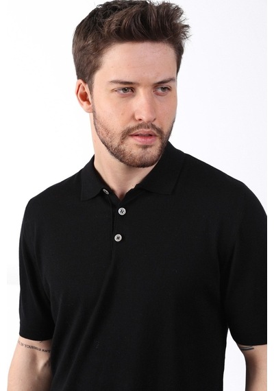 Ferraro Siyah Polo Yaka Düz Renk Erkek Pamuk Triko T-Shirt-Siyah