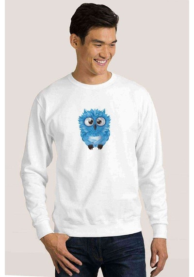 Sevimli Mavi Baykuş Baskılı Beyaz Erkek Sweatshirt